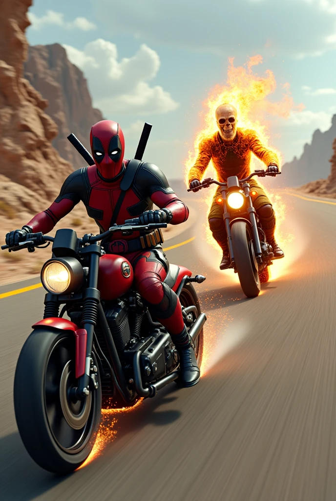 Deadpool is riding a motorcycle and Ghost Rider is riding a motorcycle following him.