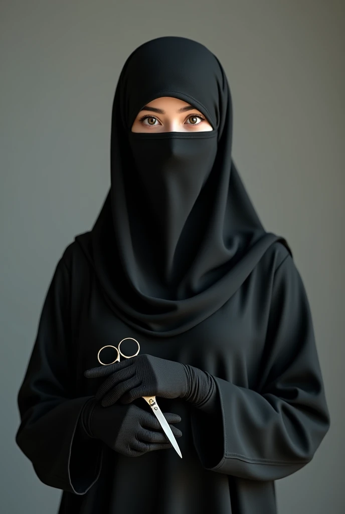 Portrait of a muslim woman wearing a niqab and gloves, standing streight, looking at camera, holding scissors, photorealism:1.2, high detail, high resolution, 4K, UHD