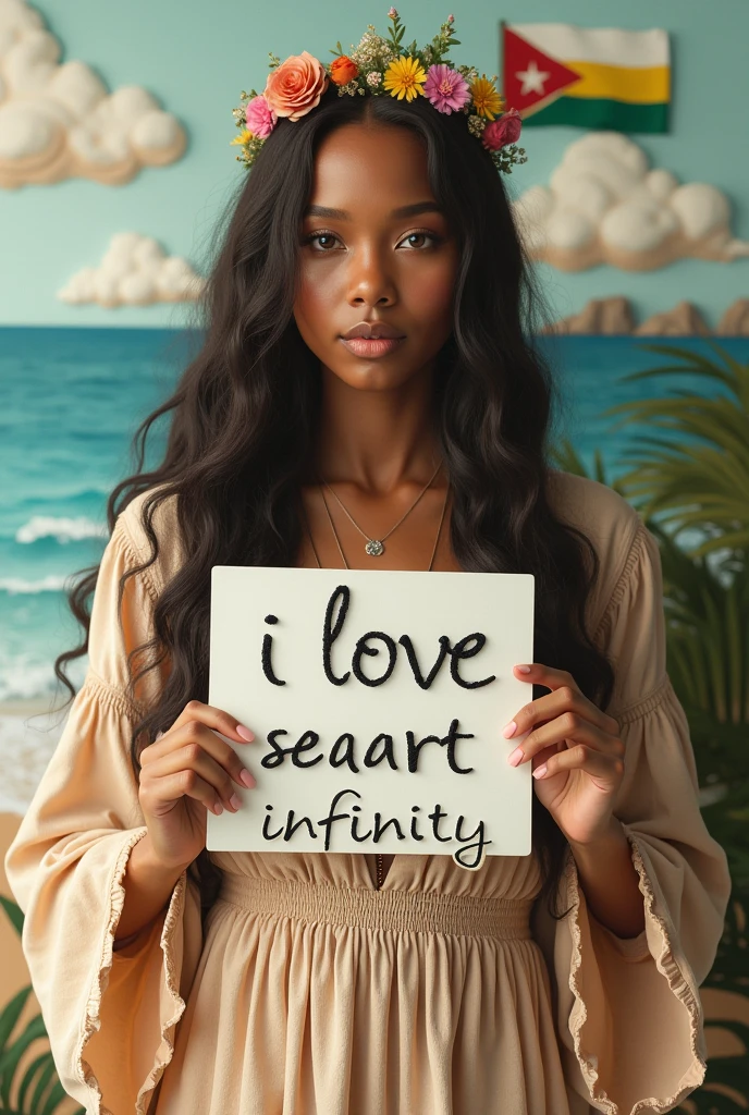 Beautiful girl with wavy long hair, bohemian dress, holding a white board with text "I Love Seaart Infinity" and showing it to the viewer3D if a map of eswatini wuth a flaf if eswatini inside
