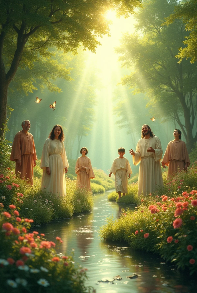 the saved in heaven in eternal life. Happy people in a garden with animals.