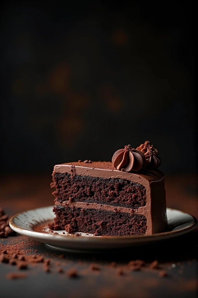 cinematic film still chocolate, chocolate cake, dark background, quality photo, moist texture, frosting, studio photo, slice . shallow depth of field, vignette, highly detailed, high budget, bokeh, cinemascope, moody, epic, gorgeous, film grain, grainy