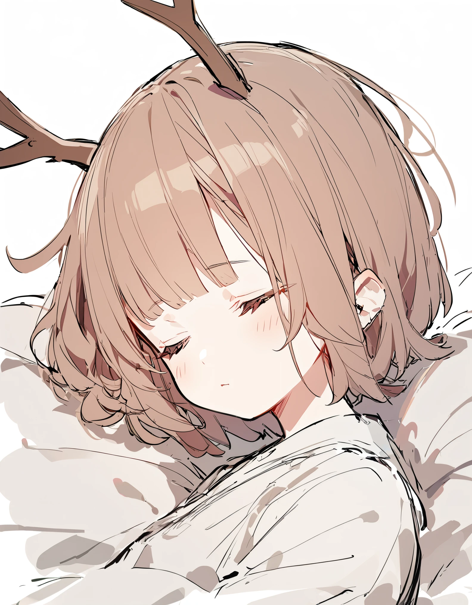 1 girl, (Sketches), (close), (Small body), (Pink Cheeks), (Cute deer antlers),brown Hair, (Short Bob Hair:1.4), (sleeping), (Big Hair) , (fringe), (More about the Strand), (White Background)