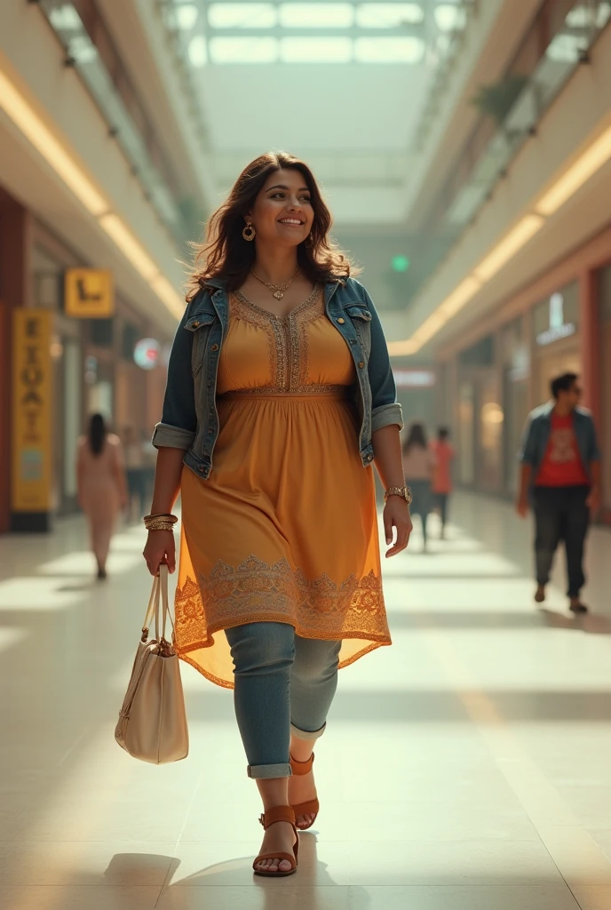 a very short and thick voluptuous smiling Indian woman with huge saggy breasts wearing trendy kurti with a jacket and denims walking through an empty shopping mall looking back, dreamlike atmosphere, soft cinematic focus, anamorphic lens flares, masterpiece, by tinto brass,
