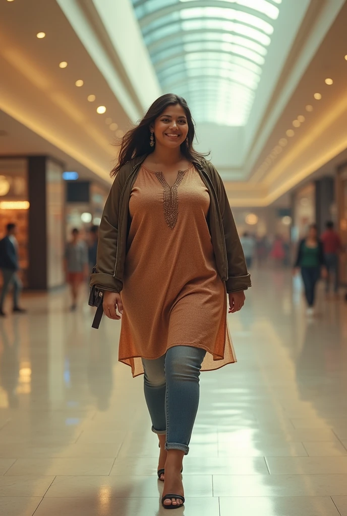 a very short and thick voluptuous smiling Indian woman with huge saggy breasts wearing trendy kurti with a jacket and denims walking through an empty shopping mall looking back, dreamlike atmosphere, soft cinematic focus, anamorphic lens flares, masterpiece, by tinto brass,
