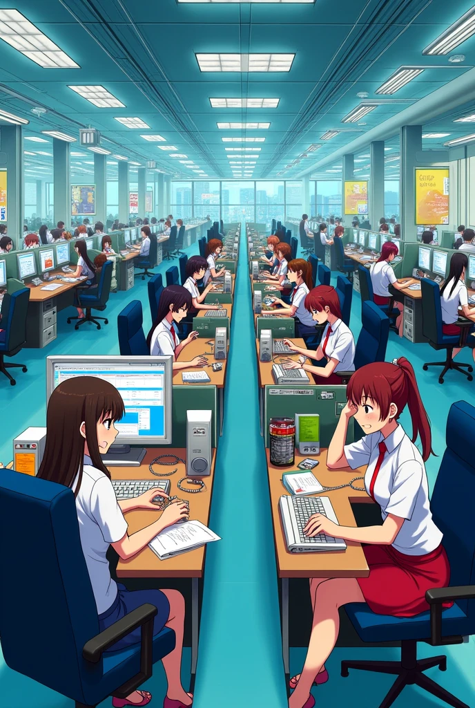 Call Center、Telephone operators、In anime style
