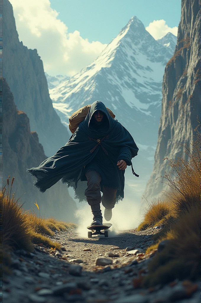 Picture the bagman, skateboard and are rushing to work. The view behind is pretty mountainous.
