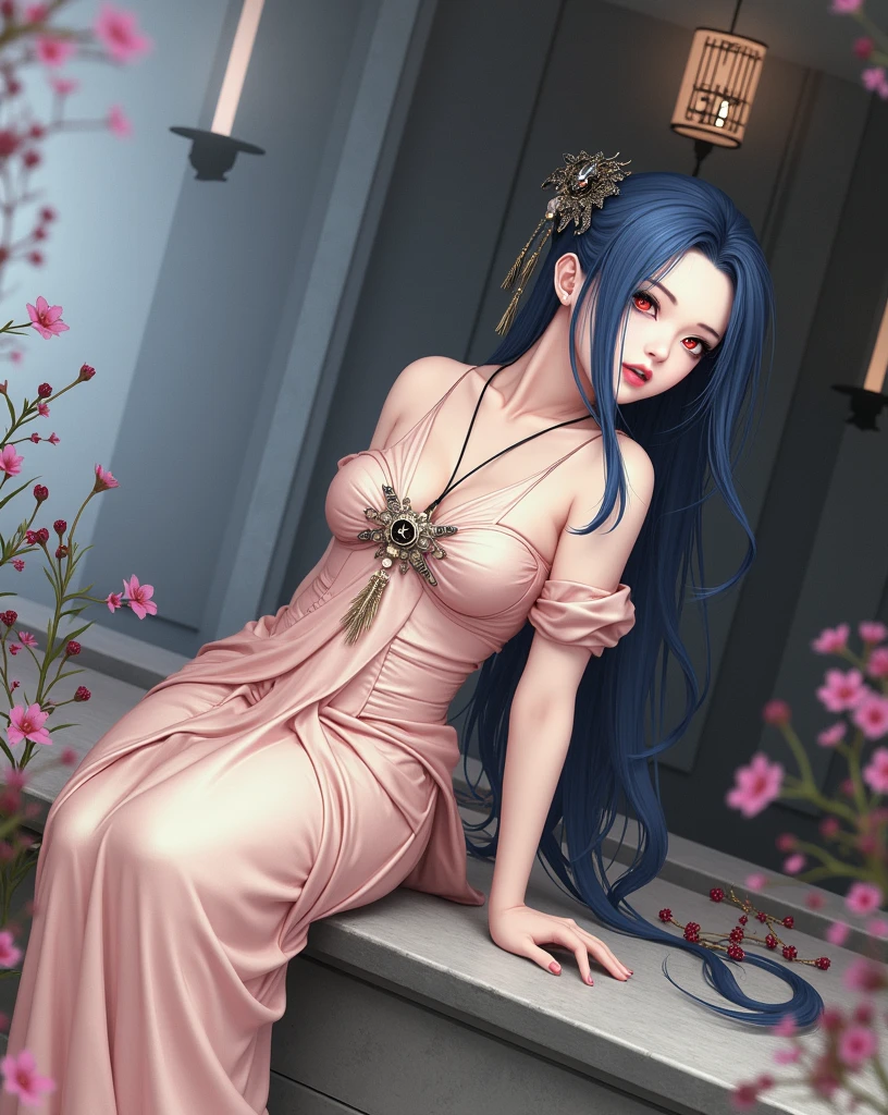 A demonic anime girl with long blue hair, wearing a kimono, highly detailed, intricate, exquisite, cinematic dramatic lighting, elegant, beautiful detailed eyes, beautiful detailed lips, extremely detailed face, long eyelashes, delicate feminine features, flawless skin, photorealistic, 8k, best quality, masterpiece, award-winning digital art