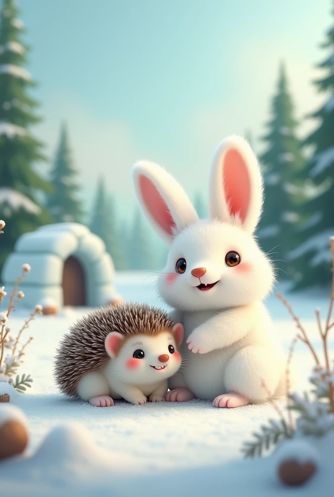 There is snow all around and there is snow in the background as well and the trees are also of beautiful green colour. A cute little rabbit whose hair is like feathers and who is of white colour. The rabbit is standing outside the igloo and with him is his friend hedgehog who is now feeling happy.