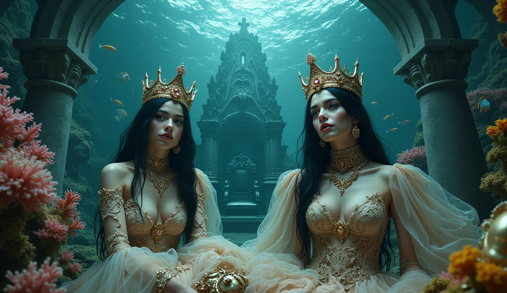 A full-body shot of a (extra wide angle 16:9, 1:1) portrait, ((2 Super realistic 1:1 gorgeous vampire queens)) twin queen sisters, wearing their golden crowns, necklaces and earrings  with big pink crystals 1:1, and their 3 girlfriends gorgeous blondes and brunettes with perfect extra beautiful (((detaled realistic face))), with jewelry’s, necklace, earrings. In a dark deep sea (big medieval ballroom very old realistic 1:3) in an old gothic palace, under the sea. Gliding neutrally buoyant in the sea. Sinking down at the bottom. Ripped many layered silk and lace medieval dresses. Rrayed apart lace dresses. Gold garnish. The queens have a big light-colored very finely detailed eyes, black super-long hair. Their exquisite girlfriend queens with big bright blue finely detailed eyes 1:!. have an extra long hair, crown. Pale pink, white, black with gold and diamond dresses. Dresses in many layered lace and chiffon riven apart and wet ( perfect hands, five fingers on each hand.) Small breasts cleavage, (hyper realistic perfect eyes 1:3). Face with Pale perfect detailed skin. Hyper detailed skin on body. Queens surrounded by Perished under-water gothic palace 1:1 On the bottom of the sea are golden crowns 1:1, adorned with pink crystals 1:1. Bright colored blue, pink, orange, green fishes swimming around. Pink Corals. Sea moss. Octopus. Treasure chest with gold coins and jewelry in it. The scene a beautiful empresses swimming ghostly, their super long 1:1 hair flowing all around. Sad. Scared(Best Quality Detailed faces)1:1. A medieval fairytale vibe, with a big black intricate throne in a corner at the bottom with sea moss on it. In a fantastic scene that uses 3D Surreal 3D model. Big gold gothic medieval five armed on the seafloor, surrounded by crystal wine glasses—one tipped over and broken. Best eyes 1:1 The entire setup is masterpiece 1:3 framed with the grandeur of medieval gothic style. photographed in a Canon EOS R5, 50mm Lens, F/2.8, (8K)"