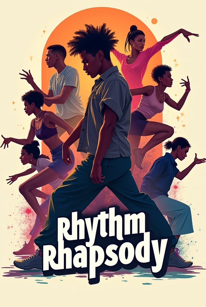 Background has various dance poses of hiphop and contemporary and dance written in asthetic manner and rhythm rhapsody written on top change the text written in bottom to minimalist moves, maximalist energy and add some uniqueness and coolnes