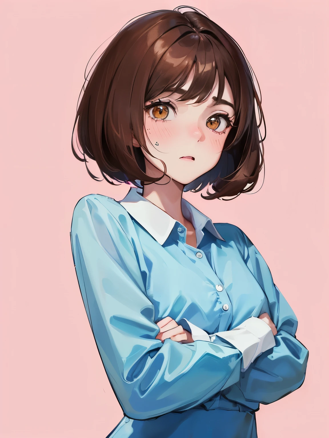 ((One woman)) ((Arms crossed))),(((Solid pink background)))、(((Short Hair))),(((Red cheeks)))、,Masterpiece,best quality,,((Light blue dress shirt))、((Embarrassed expression))、((Brown Hair)),determined expression, Upper body diagram、 (Highest Resolution、Clear_image)、Best Quality、Light and shadow contrast、(())、Very detailed、Semi-realistic、、bangs、Age 25、 Young lady,,young、((View from the front))、Delicate Facial Features
