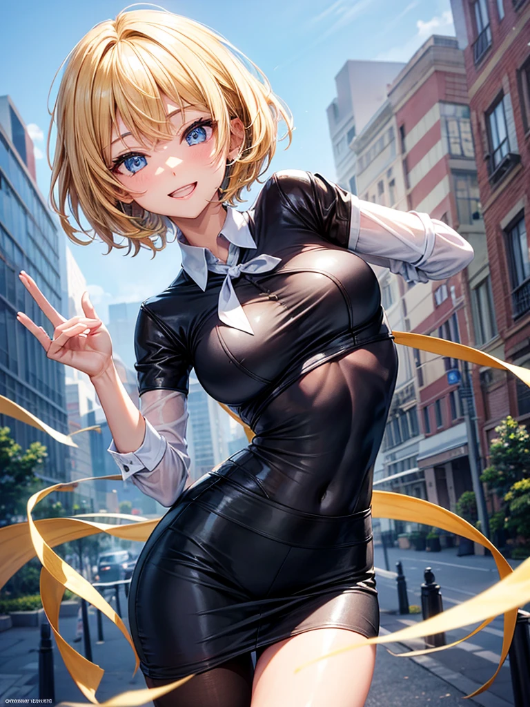 Anime style, super fine illustration, highly detailed, beautiful detailed, super high quality image, static representation, gentle expression, happy expression, the pretty image, the perfect style woman, 8k, pretty 1girl with blonde straight short hair & blue eyes & a bright smile & full bust & soft fair skin is a female secretary not to show her skin wearing the business shirt & vest & black tight skirt & black pantyhose on the urban business buildings street, happy stories, solo, perfect fingers, no more fingers, no less fingers, perfect arms, perfect legs, masterpiece.