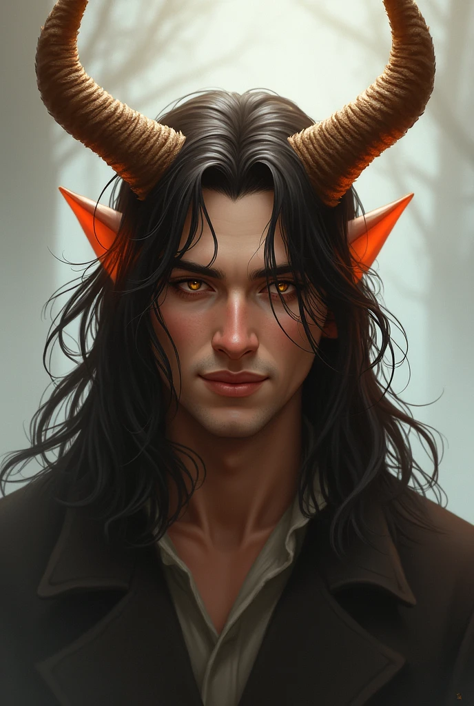 A man with long dark brown hair and amber eyes. On his head he has two brown horns, whose tip glows in a soft orange. He has a gentle smile on his face.