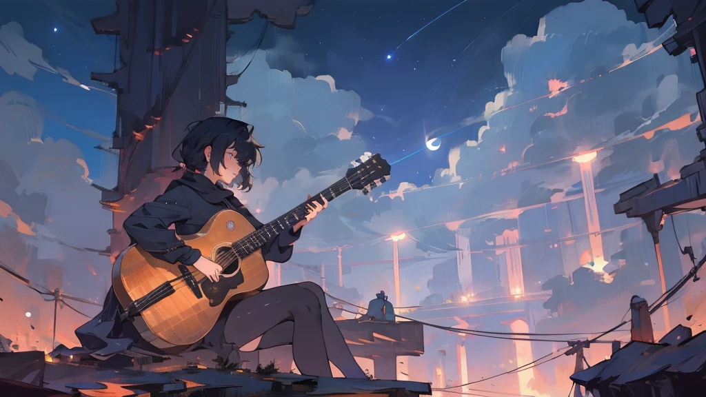 masterpiece,night,(dark alley),star、Night evening Sky、milky way、octone、
(1. Female), (solo), Knee hugging sitting,acousticguitar