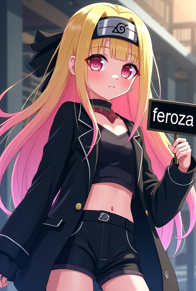 Long yellow pink gradation-haired girl, wearing a konoha headband and sharingan eyes of the Uchiha clan. Wearing a crop top blazer and shorts and wearing a black seba coat, white and fair-faced and holding a sign that says “feroza"