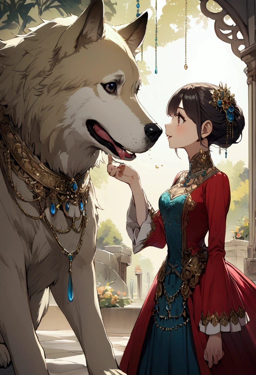 Girl feeding horor dog