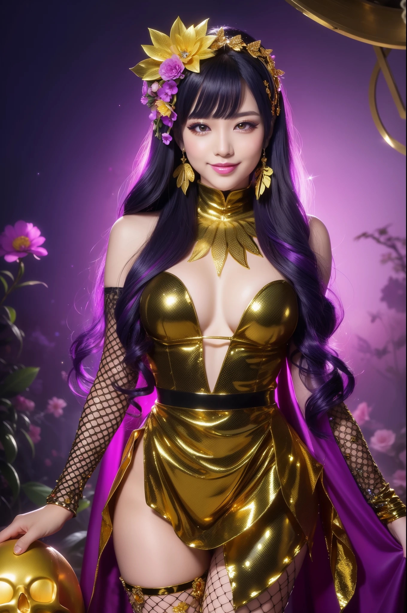 sexy golden princess who controls poison、beautiful smile、lipgloss、long lashes、intense makeup、look at the camera、full body Esbian、、sparkling poisoned flower costume、、、、shiny sparkling multicolor hair、secrete poison、skull hair accessories、fishnet tights、shiny sparkling dark magic forest background