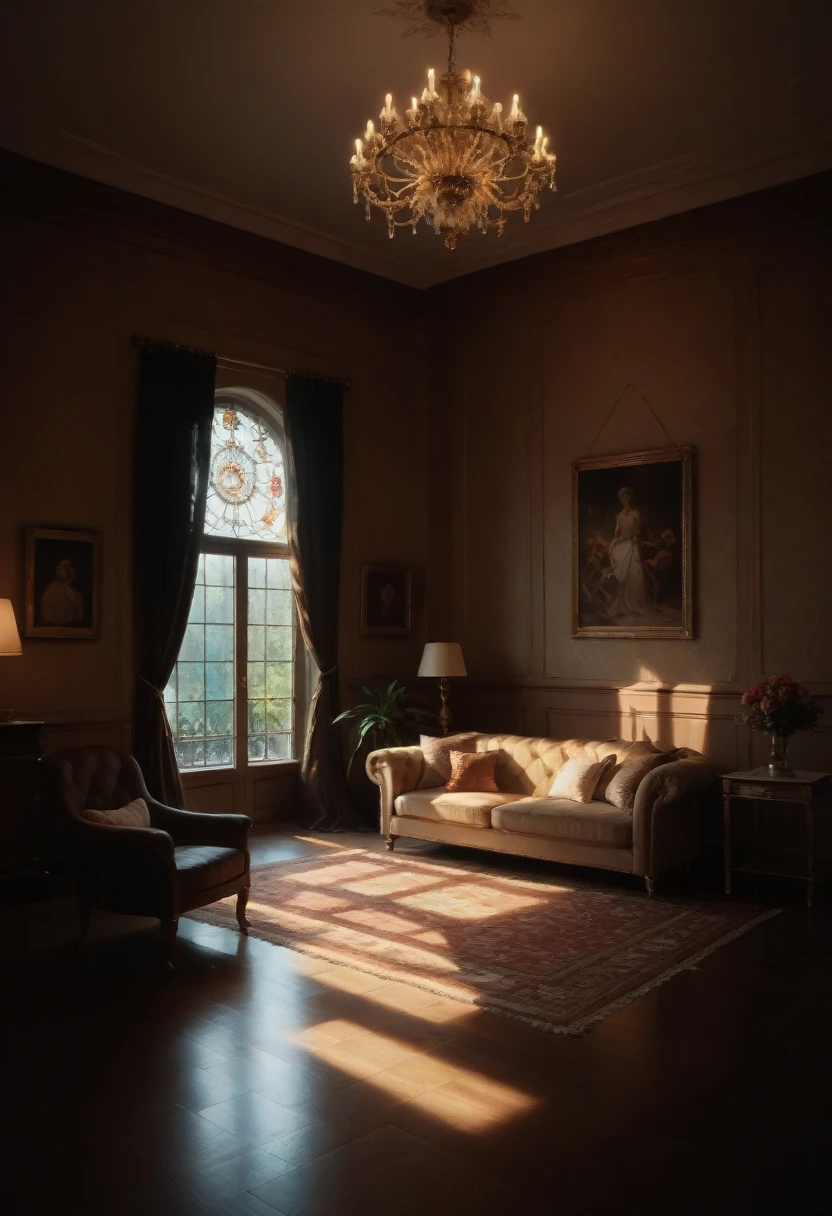 Living room decorated in European style, a luxurious and refined atmosphere. Intricate interior decoration details emphasize the refined style of the room, while a carefully considered decoration design adds an impeccable finishing touch