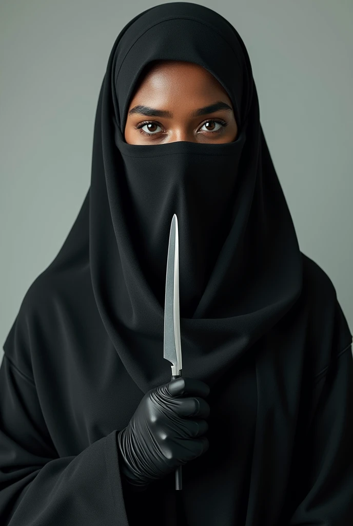 Portrait of a dark skinned muslim woman wearing a niqab and gloves, standing streight, looking at camera, holding a scalpel, photorealism:1.2, high detail, high resolution, 4K, UHD