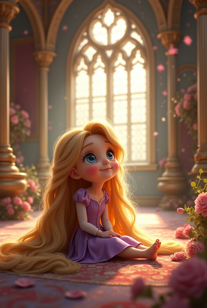 gernate a picture of  baby rupenzel and her world in castle with light
