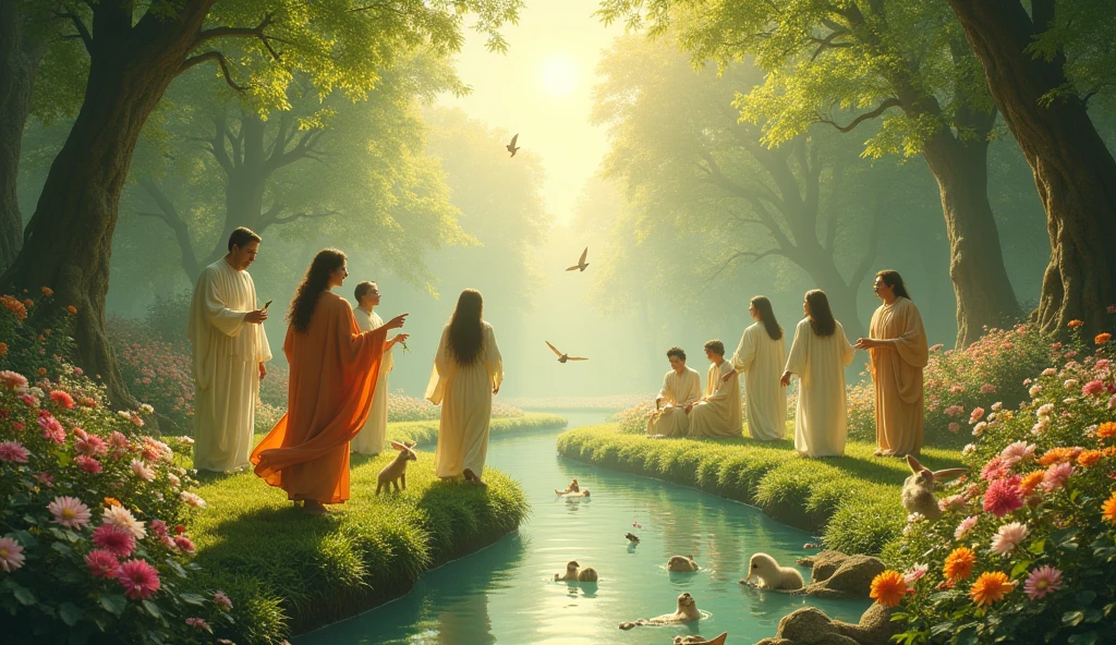 the saved in heaven in eternal life. Happy people in a garden with animals.
