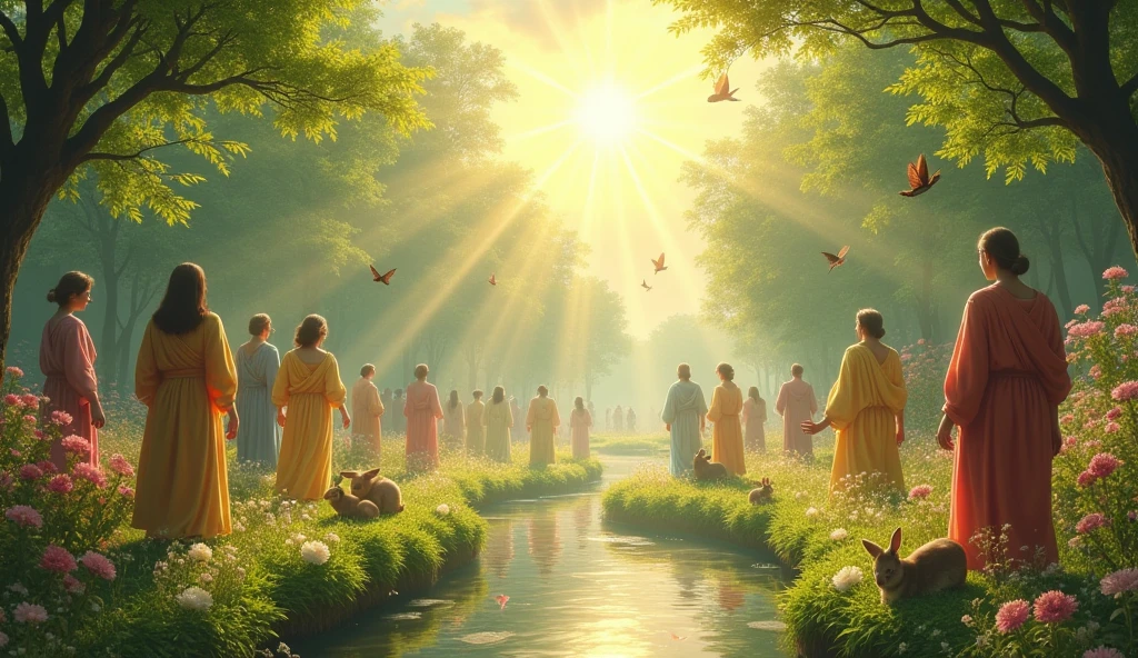 the saved in heaven in eternal life. Happy people in a garden with animals.