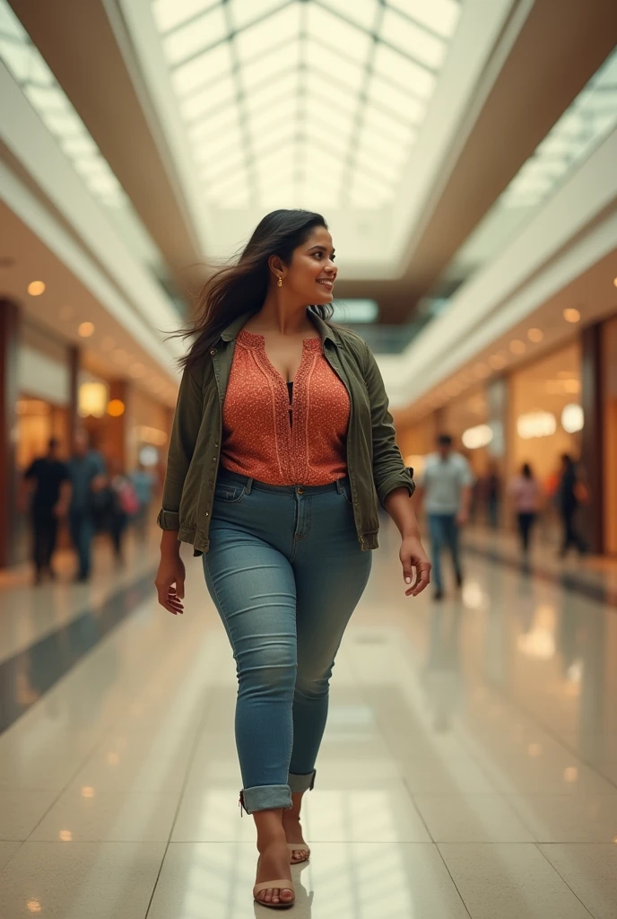 a very short and thick voluptuous smiling Indian woman with huge saggy wearing trendy kurti with a jacket and denims walking through an empty shopping mall looking back, dreamlike atmosphere, soft cinematic focus, anamorphic lens flares, masterpiece, by tinto brass,