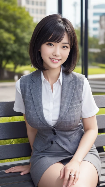 Extremely realistic and clear photos,Anatomically correct body,The correct five fingers,She is wearing a ring on her left ring finger,Japanese,One Mature Woman, Age 35,Large Breasts,slightly larger hips,Just a little fat,transparent, White and delicate skin,Small eyes,Pure beauty,Expressions to invite men,Married and settled,Bob or short hair,office worker, reception, (White and grey checked vest:1.2) (Navy pencil skirt) ,The neckline of the blouse gives a glimpse of her cleavage., Wear a name tag on the left chest,High heels,sitting on a park bench,The thighs that extend from the skirt are very attractive..,Spread your legs wide,/(Black Hair/) bangs, Laugh sexy, (Masterpiece Top quality:1.2) Delicate illustrations, Very detailed, Detailed Background,Full body photo from toe to head,Low - Angle
