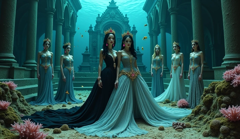 A full-body shot of a (extra wide angle 16:9, 1:1) portrait, ((2 Super realistic 1:1 gorgeous vampire queens)) twin queen sisters, wearing their golden crowns, necklaces and earrings with big pink crystals 1:1, and their 3 girlfriends gorgeous blondes and brunettes with perfect extra beautiful (((detaled realistic face))), with jewelry’s, necklace, earrings. In a dark deep sea (big medieval ballroom very old realistic 1:3) in an old gothic palace, under the sea. Gliding neutrally buoyant in the sea. Sinking down at the bottom. Ripped many layered silk and lace medieval dresses. Rrayed apart lace dresses. Gold garnish. The queens have a big light-colored very finely detailed eyes, black super-long hair. Their exquisite girlfriend queens with big bright blue finely detailed eyes 1:!. have an extra long hair, crown. Pale pink, white, black with gold and diamond dresses. Dresses in many layered lace and chiffon riven apart and wet ( perfect hands, five fingers on each hand.) Small breasts cleavage, (hyper realistic perfect eyes 1:3). Face with Pale perfect detailed skin. Hyper detailed skin on body. Queens surrounded by Perished under-water gothic palace 1:1 On the bottom of the sea are golden crowns 1:1, adorned with pink crystals 1:1. Bright colored blue, pink, orange, green fishes swimming around. Pink Corals. Sea moss. Octopus. Treasure chest with gold coins and jewelry in it. The scene a beautiful empresses swimming ghostly, their super long 1:1 hair flowing all around. Sad. Scared(Best Quality Detailed faces)1:1. A medieval fairytale vibe, with a big black intricate throne in a corner at the bottom with sea moss on it. In a fantastic scene that uses 3D Surreal 3D model. Big gold gothic medieval five armed on the seafloor, surrounded by crystal wine glasses—one tipped over and broken. Best eyes 1:1 The entire setup is masterpiece 1:3 framed with the grandeur of medieval gothic style. photographed in a Canon EOS R5, 50mm Lens, F/2.8, (8K)"