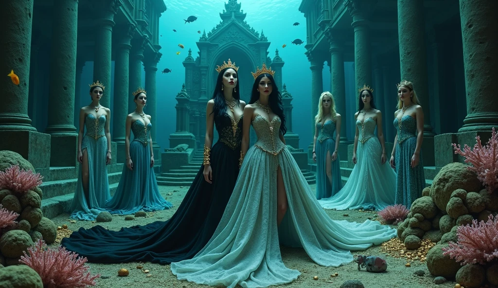 A full-body shot of a (extra wide angle 16:9, 1:1) portrait, ((2 Super realistic 1:1 gorgeous vampire queens)) twin queen sisters, wearing their golden crowns, necklaces and earrings with big pink crystals 1:1, and their 3 girlfriends gorgeous blondes and brunettes with perfect extra beautiful (((detaled realistic face))), with jewelry’s, necklace, earrings. In a dark deep sea (big medieval ballroom very old realistic 1:3) in an old gothic palace, under the sea. Gliding neutrally buoyant in the sea. Sinking down at the bottom. Ripped many layered silk and lace medieval dresses. Rrayed apart lace dresses. Gold garnish. The queens have a big light-colored very finely detailed eyes, black super-long hair. Their exquisite girlfriend queens with big bright blue finely detailed eyes 1:!. have an extra long hair, crown. Pale pink, white, black with gold and diamond dresses. Dresses in many layered lace and chiffon riven apart and wet ( perfect hands, five fingers on each hand.) Small breasts cleavage, (hyper realistic perfect eyes 1:3). Face with Pale perfect detailed skin. Hyper detailed skin on body. Queens surrounded by Perished under-water gothic palace 1:1 On the bottom of the sea are golden crowns 1:1, adorned with pink crystals 1:1. Bright colored blue, pink, orange, green fishes swimming around. Pink Corals. Sea moss. Octopus. Treasure chest with gold coins and jewelry in it. The scene a beautiful empresses swimming ghostly, their super long 1:1 hair flowing all around. Sad. Scared(Best Quality Detailed faces)1:1. A medieval fairytale vibe, with a big black intricate throne in a corner at the bottom with sea moss on it. In a fantastic scene that uses 3D Surreal 3D model. Big gold gothic medieval five armed on the seafloor, surrounded by crystal wine glasses—one tipped over and broken. Best eyes 1:1 The entire setup is masterpiece 1:3 framed with the grandeur of medieval gothic style. photographed in a Canon EOS R5, 50mm Lens, F/2.8, (8K)"