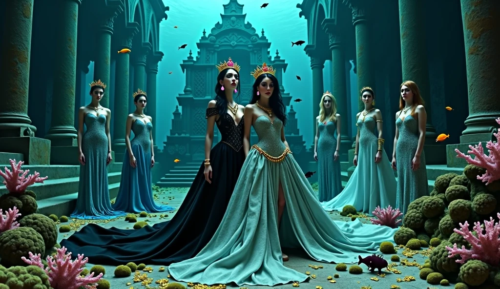 A full-body shot of a (extra wide angle 16:9, 1:1) portrait, ((2 Super realistic 1:1 gorgeous vampire queens)) twin queen sisters, wearing their golden crowns, necklaces and earrings with big pink crystals 1:1, and their 3 girlfriends gorgeous blondes and brunettes with perfect extra beautiful (((detaled realistic face))), with jewelry’s, necklace, earrings. In a dark deep sea (big medieval ballroom very old realistic 1:3) in an old gothic palace, under the sea. Gliding neutrally buoyant in the sea. Sinking down at the bottom. Ripped many layered silk and lace medieval dresses. Rrayed apart lace dresses. Gold garnish. The queens have a big light-colored very finely detailed eyes, black super-long hair. Their exquisite girlfriend queens with big bright blue finely detailed eyes 1:!. have an extra long hair, crown. Pale pink, white, black with gold and diamond dresses. Dresses in many layered lace and chiffon riven apart and wet ( perfect hands, five fingers on each hand.) Small breasts cleavage, (hyper realistic perfect eyes 1:3). Face with Pale perfect detailed skin. Hyper detailed skin on body. Queens surrounded by Perished under-water gothic palace 1:1 On the bottom of the sea are golden crowns 1:1, adorned with pink crystals 1:1. Bright colored blue, pink, orange, green fishes swimming around. Pink Corals. Sea moss. Octopus. Treasure chest with gold coins and jewelry in it. The scene a beautiful empresses swimming ghostly, their super long 1:1 hair flowing all around. Sad. Scared(Best Quality Detailed faces)1:1. A medieval fairytale vibe, with a big black intricate throne in a corner at the bottom with sea moss on it. In a fantastic scene that uses 3D Surreal 3D model. Big gold gothic medieval five armed on the seafloor, surrounded by crystal wine glasses—one tipped over and broken. Best eyes 1:1 The entire setup is masterpiece 1:3 framed with the grandeur of medieval gothic style. photographed in a Canon EOS R5, 50mm Lens, F/2.8, (8K)"