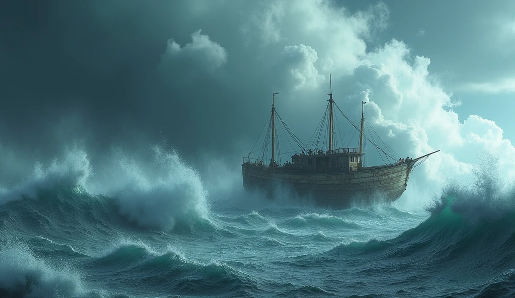 (barco cangrejero, crab boat, stormy sea, rough waves, raging storm, dramatic seascape, dramatic lighting, cold color tones, moody atmosphere, cinematic, (best quality,4k,8k,highres,masterpiece:1.2),ultra-detailed,(realistic,photorealistic,photo-realistic:1.37),dramatic lighting,cinematic composition,dramatic color palette,epic scale,powerful waves,turbulent waters,gloomy sky,ominous clouds)
