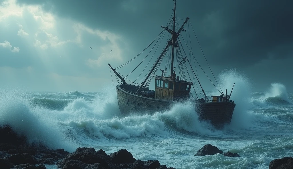 (barco cangrejero, crab boat, stormy sea, rough waves, raging storm, dramatic seascape, dramatic lighting, cold color tones, moody atmosphere, cinematic, (best quality,4k,8k,highres,masterpiece:1.2),ultra-detailed,(realistic,photorealistic,photo-realistic:1.37),dramatic lighting,cinematic composition,dramatic color palette,epic scale,powerful waves,turbulent waters,gloomy sky,ominous clouds)