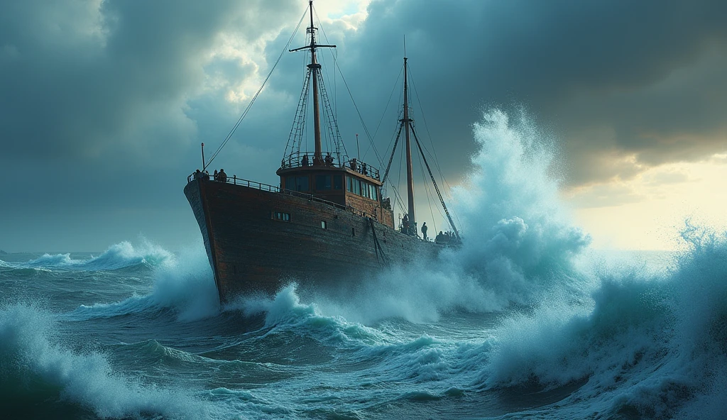 (barco cangrejero, crab boat, stormy sea, rough waves, raging storm, dramatic seascape, dramatic lighting, cold color tones, moody atmosphere, cinematic, (best quality,4k,8k,highres,masterpiece:1.2),ultra-detailed,(realistic,photorealistic,photo-realistic:1.37),dramatic lighting,cinematic composition,dramatic color palette,epic scale,powerful waves,turbulent waters,gloomy sky,ominous clouds)