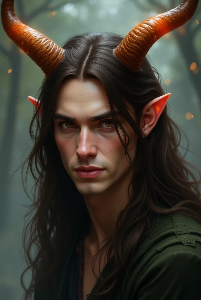 A man with long dark brown hair and amber eyes. On his head he has two brown horns, whose tip glows in a soft orange. He has a gentle smile on his face. He looks like Zhongli from Genshin Impact.