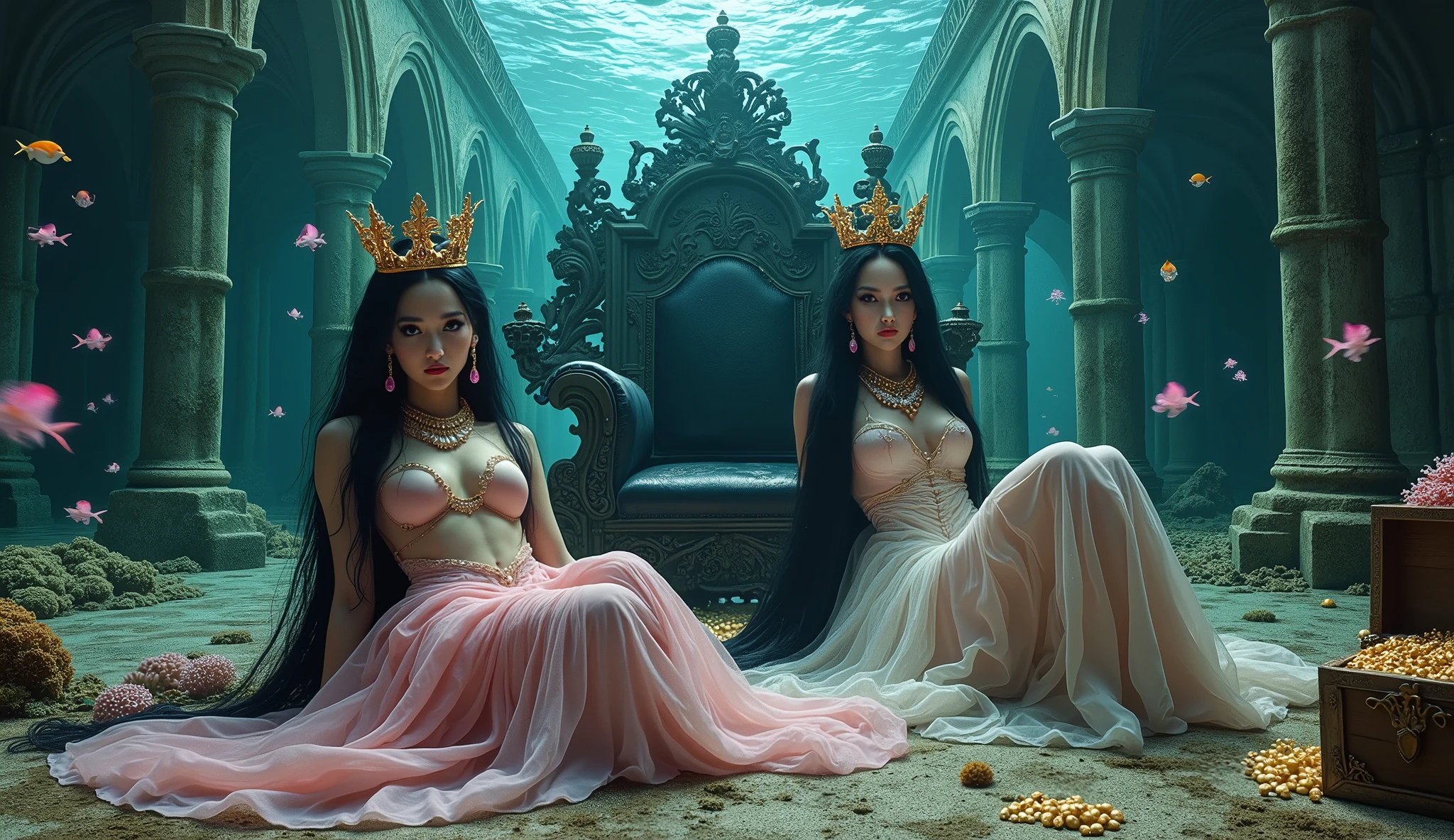 A full-body shot of a (extra wide angle 16:9, 1:1) portrait, ((2 Super realistic 1:1 gorgeous vampire queens)) twin queen sisters, wearing their golden crowns, necklaces and earrings with big pink crystals 1:1, and their 3 girlfriends gorgeous blondes and brunettes with perfect extra beautiful (((detaled realistic face))), with jewelry’s, necklace, earrings. In a dark deep sea (big medieval ballroom very old realistic 1:3) in an old gothic palace, under the sea. Gliding neutrally buoyant in the sea. Sinking down at the bottom. Ripped many layered silk and lace medieval dresses. Rrayed apart lace dresses. Gold garnish. The queens have a big light-colored very finely detailed eyes, black super-long hair. Their exquisite girlfriend queens with big bright blue finely detailed eyes 1:!. have an extra long hair, crown. Pale pink, white, black with gold and diamond dresses. Dresses in many layered lace and chiffon riven apart and wet ( perfect hands, five fingers on each hand.) Small breasts cleavage, (hyper realistic perfect eyes 1:3). Face with Pale perfect detailed skin. Hyper detailed skin on body. Queens surrounded by Perished under-water gothic palace 1:1 On the bottom of the sea are golden crowns 1:1, adorned with pink crystals 1:1. Bright colored blue, pink, orange, green fishes swimming around. Pink Corals. Sea moss. Octopus. Treasure chest with gold coins and jewelry in it. The scene a beautiful empresses swimming ghostly, their super long 1:1 hair flowing all around. Sad. Scared(Best Quality Detailed faces)1:1. A medieval fairytale vibe, with a big black intricate throne in a corner at the bottom with sea moss on it. In a fantastic scene that uses 3D Surreal 3D model. Big gold gothic medieval five armed on the seafloor, surrounded by crystal wine glasses—one tipped over and broken. Best eyes 1:1 The entire setup is masterpiece 1:3 framed with the grandeur of medieval gothic style. photographed in a Canon EOS R5, 50mm Lens, F/2.8, (8K)"