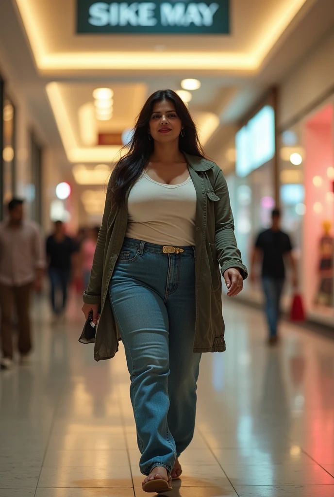 a very short and thick voluptuous smiling Indian woman with huge saggy breasts wearing trendy kurti with a jacket and denims walking through an empty shopping mall looking back, riot of colors, dreamlike atmosphere, soft cinematic focus, anamorphic lens flares, masterpiece, by tinto brass,
