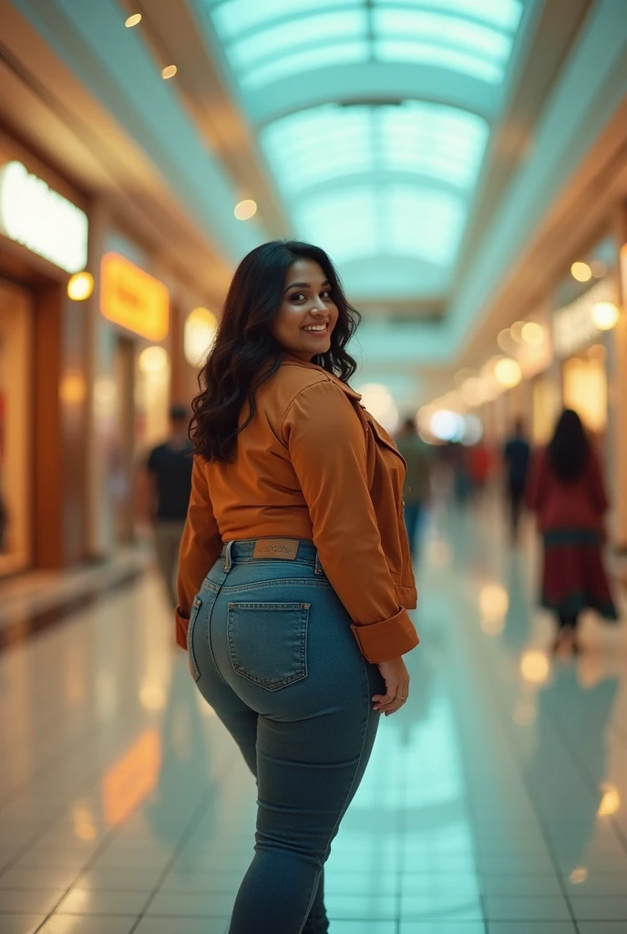 a very short and thick voluptuous smiling Indian woman with huge saggy breasts wearing trendy kurti with a jacket and denims walking through an empty shopping mall looking back, riot of colors, dreamlike atmosphere, soft cinematic focus, anamorphic lens flares, masterpiece, by tinto brass,