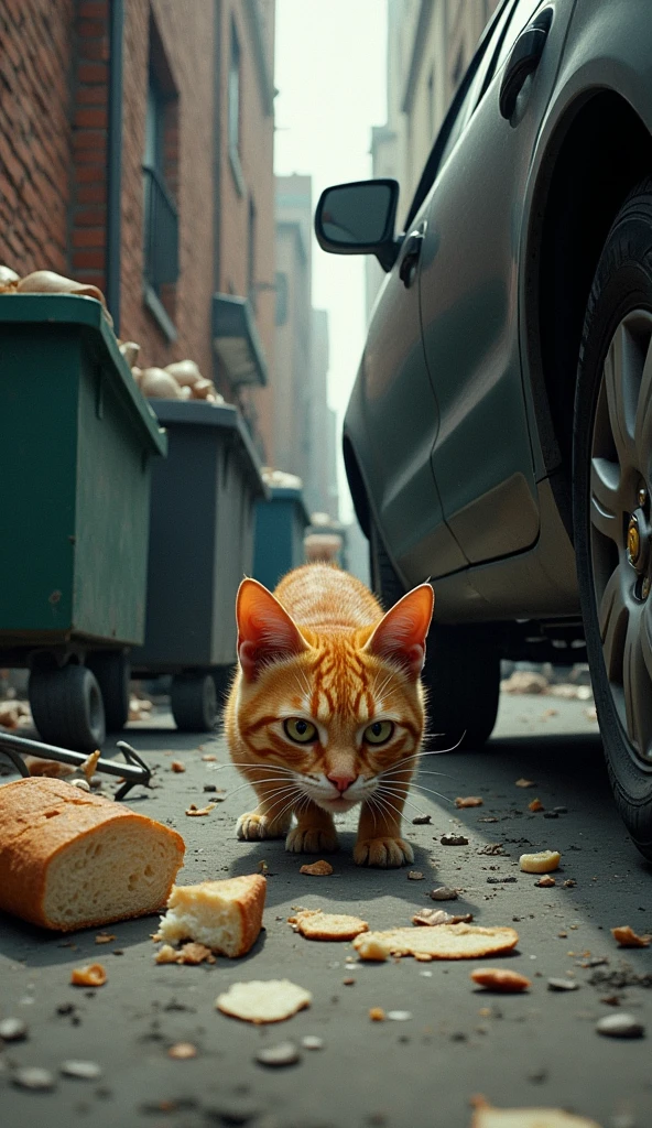 Scene 4: The Hunger
Location: A Nearby Alleyway
The orange cat cautiously steps out from under the car, hunger driving it to search for food. It finds a small piece of bread near a dumpster and quickly gobbles it up, looking around nervously.