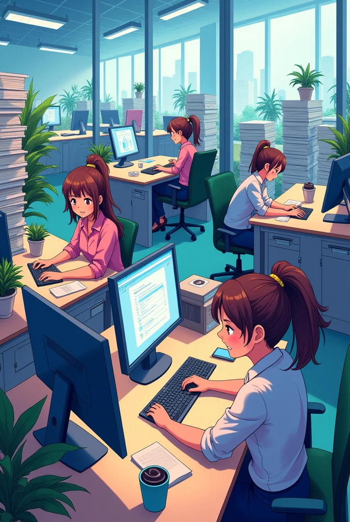 Data entry in the office、In anime style