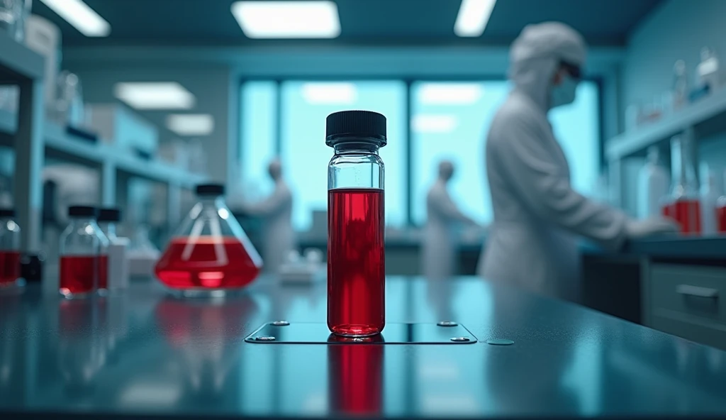 A laboratory setting showing a blood sample being tested, and kept in blood vail with a red warning sign subtly integrated into the image, suggesting danger.