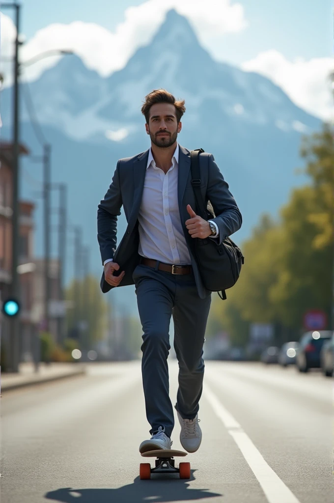 A company employee skateboards to work in a hurry, carrying a bag, with a mountain view in the background.