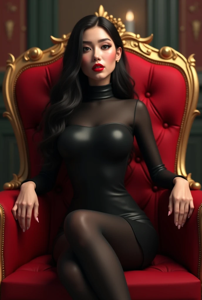 High-quality realistic acrylic art, vivid colors, lateral point of view, a beautiful vintage european woman with long black straight hair, bangs, looking at the viewer with suspicious face and a shy smile, red lips, she wear black suit, sheer tights, crossed legs, sitting on a fancy wooden chair