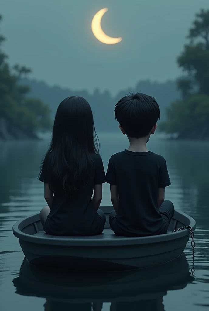 Create 3D image.one boy and girl heart broked heart.the boy and girl wear black colour full sleeve tshirt had a little chain .they are sitting the smoke boat at Lake one moon.they are .