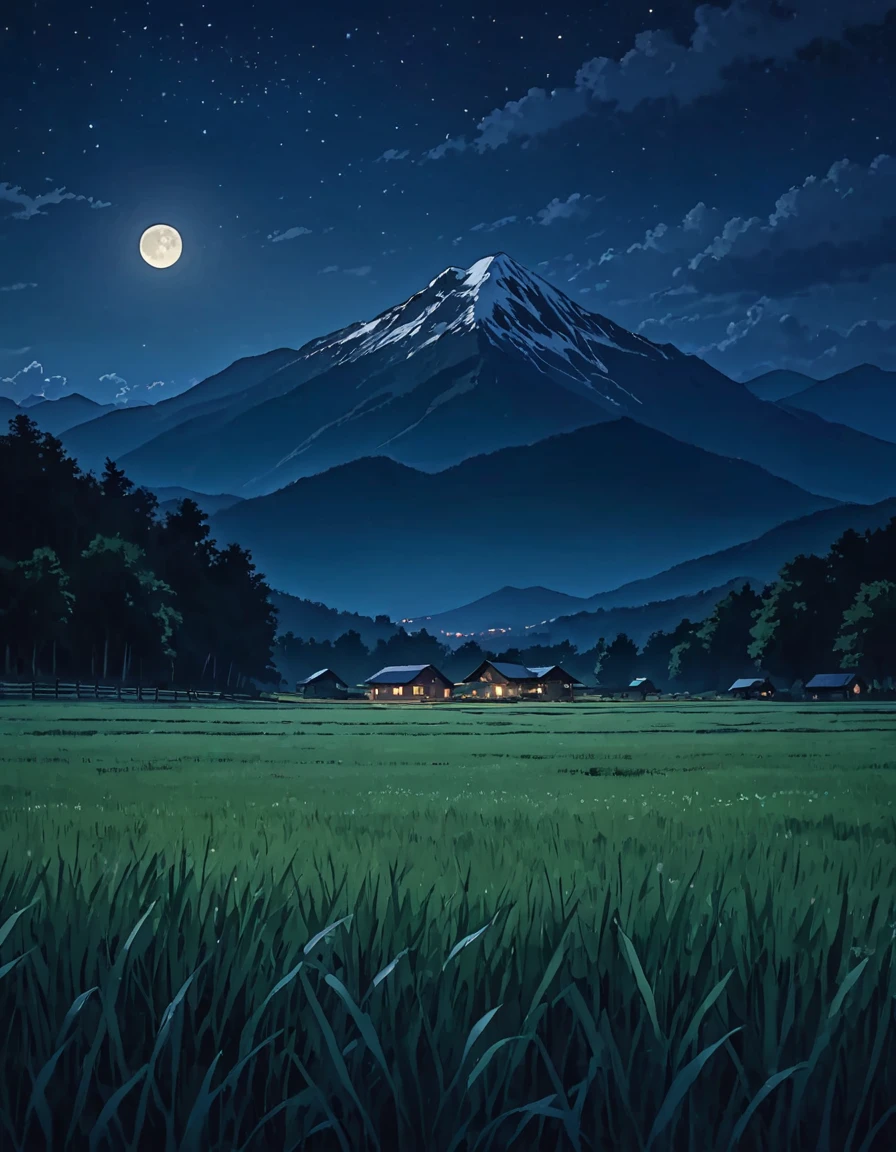 serene night in a field with a mountain background