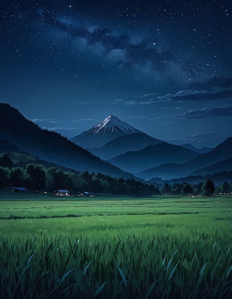 serene night in a field with a mountain background