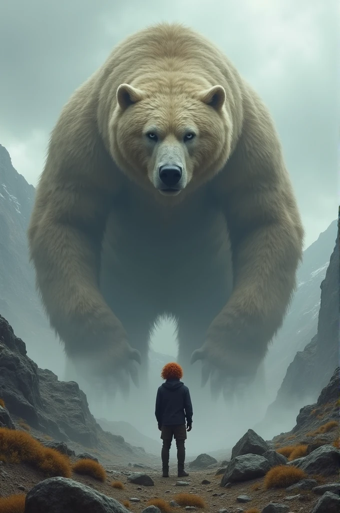 On a mountain in gray weather, a man with curly red hair stands calmly in front of a giant sand-bear calm
