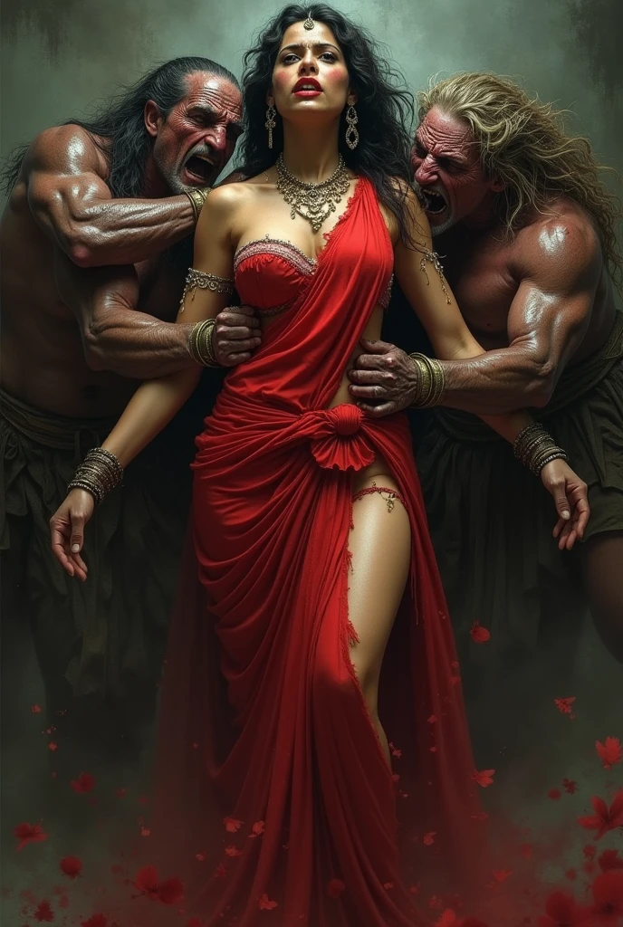A mythological Indian woman big breast thick thighs slim body sexy curves. Powerful queen made slave after war by evil. saree tore off. One demon grabs her breasts forcefully another grabs her big ass forcefully. Moaning in pain. Full body shot. Red saree torn. Breast clearly visible. Sexy mythological Indian woman. No bra full naked lady. Crying for dead king. Forcefully slave.