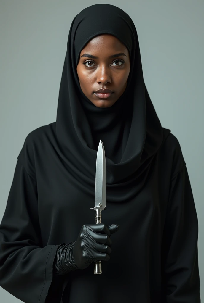 Portrait of a dark skinned muslim woman wearing a niqab and gloves, standing streight, looking at camera, holding a scalpel, photorealism:1.2, high detail, high resolution, 4K, UHD