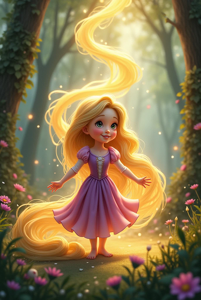 gernate a picture of baby rupenzel and her magic hair show magic of her hair that show her to the world
